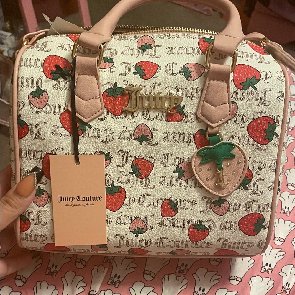 Juicy Couture Strawberry Print Satchel - Cream and Pink